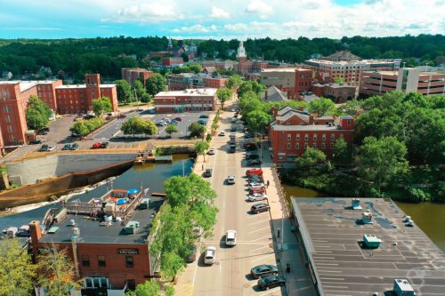 Aerial Drone Photography Of The Downtown Streets Of Dover, NH