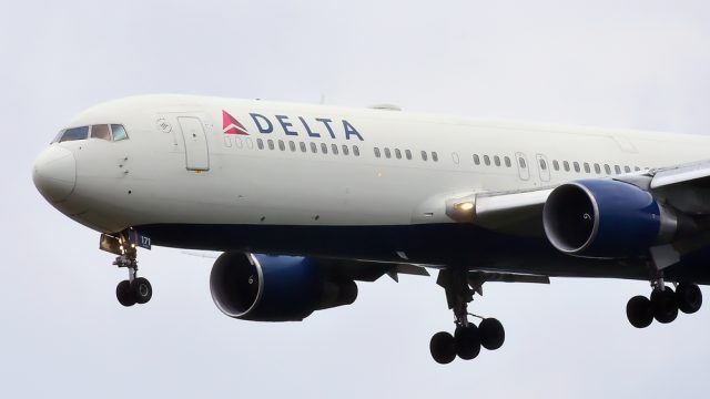 A closeup of a Delta plane coming in for a landing
