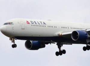 A closeup of a Delta plane coming in for a landing