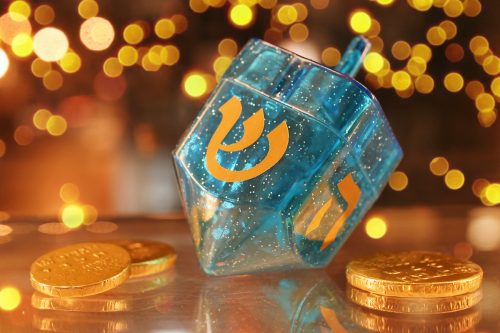 A blue sparkly dreidel sitting on a table surrounded by gold coins and gold lights.