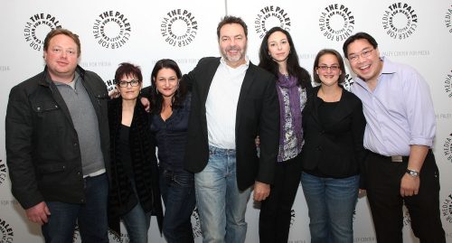 Writers Brian Buckner, Nancy Oliver, Raelle Tucker, creator Alan Ball and writers Kate Barnow, Elisabeth Finch and Alexander Woo attend The Paley Center for Media's "Inside the Writers Room: True Blood" in 2009