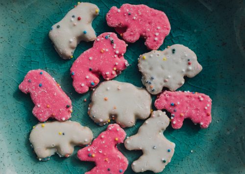 frosted Circus Animal Cookie Pink and White Sprinkled Animal Crackers on teal plate