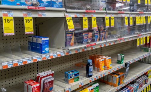 New York NY USA-December 16, 2022 Over the counter cold and flu medications in low stock or locked up to prevent shoplifting