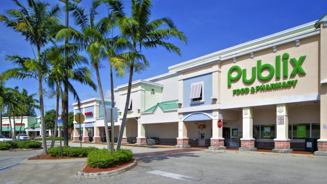 A Publix in a strip mall in Florida with palm trees in the foreground.