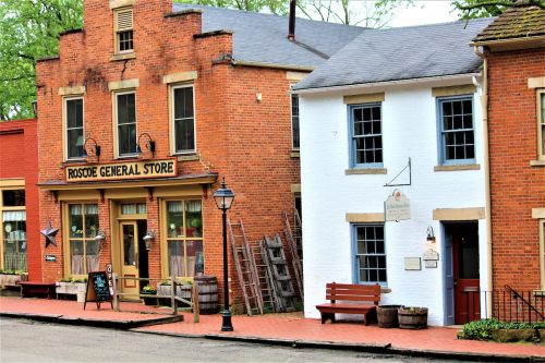 Brick storefronts in Historic Roscoe Village in Coshocton, Ohio.