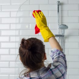 Woman cleaning in the bathroom at home