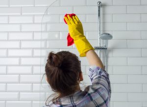 Woman cleaning in the bathroom at home