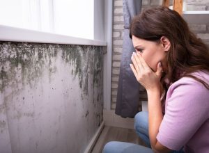 Shocked Young Woman Looking At Mold On Wall