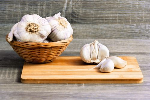 Garlic cloves on counter. 