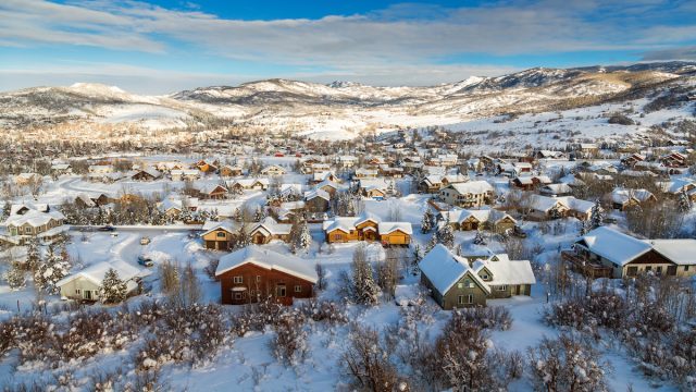 An aerial view of Steamboat Springs, Colorado covered in snow.