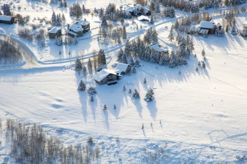An aerial view of Steamboat Springs, Colorado covered in snow.