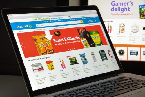 Walmart website homepage. It is an American multinational retailing corporation that operates as a chain of hypermarkets. Walmart logo visible.