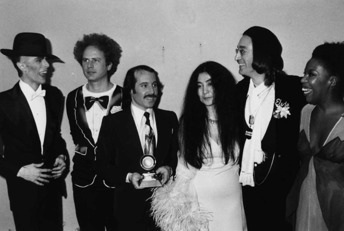 David Bowie, Art Garfunkel, Paul Simon, Yoko Ono, John Lennon and Roberta Flack at the 1975 Grammy Awards