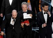 Jordan Horowitz, Warren Beatty, and Jimmy Kimmel onstage at the 2017 Oscars