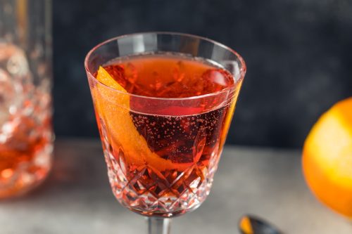 Close up of a Negroni Sbagliato cocktail