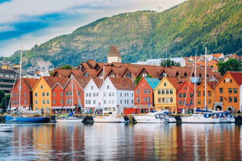 View of colorful buildings in Norway. 