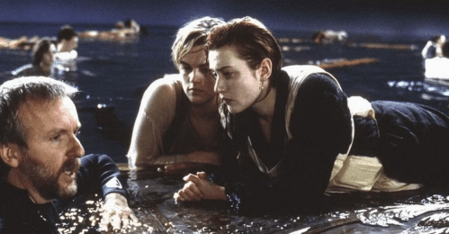 Filming a scene in the water in Titanic. 