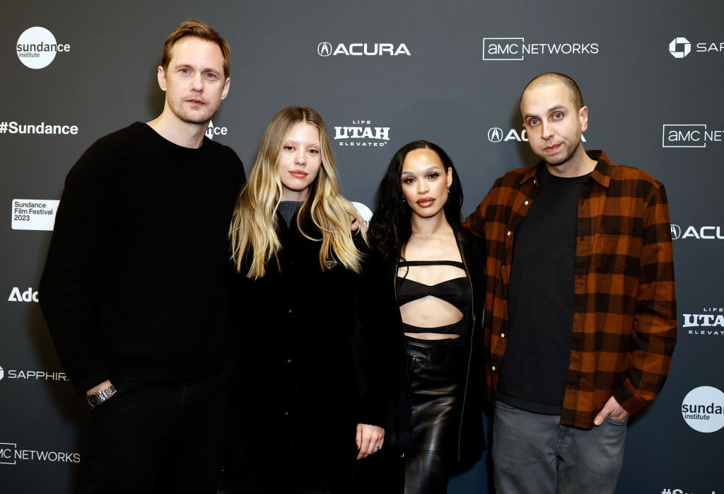 Alexander Skarsgard, Mia Goth, Cleopatra Coleman, and Brandon Cronenberg attending a red carpet event for Infinity Pool at the Sundance Film Festival