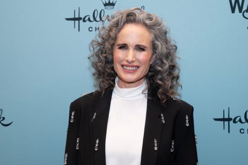 Andie MacDowell at Hallmark press event gray hair