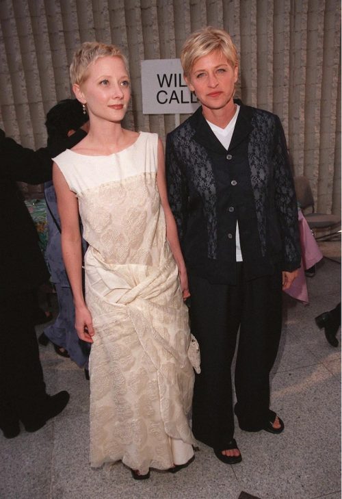 Anne Heche and Ellen DeGeneres at the premiere of "Six Days, Seven Nights" in 1998