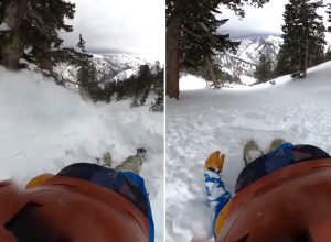 Terrifying Moment Snowboarder Frantically Swims Through Avalanche to Stop Himself From Being Buried Alive
