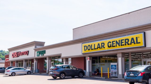 The Dollar General and CVS Pharmacy stores in the Swissvale Shopping center on a sunny summer day