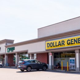 The Dollar General and CVS Pharmacy stores in the Swissvale Shopping center on a sunny summer day