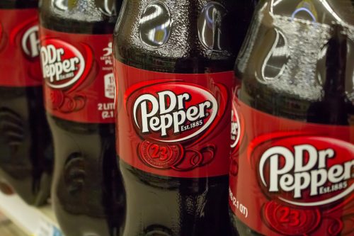 Close up of a Dr. Pepper soda bottles