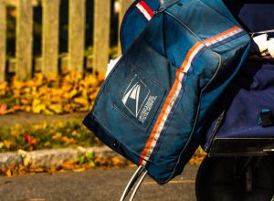 close up of usps postal carrier's satchel
