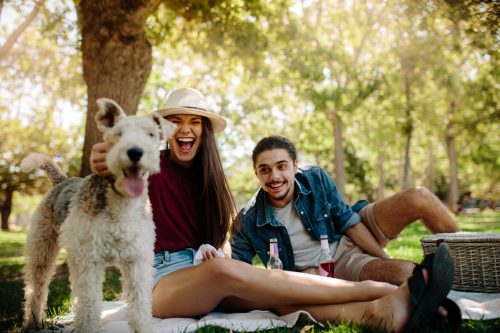 Smiling young couple on picnic at park with their pet dog. 