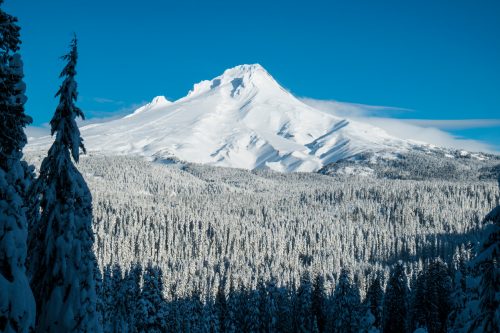 Mount Hood covered in winter snow, Oregon