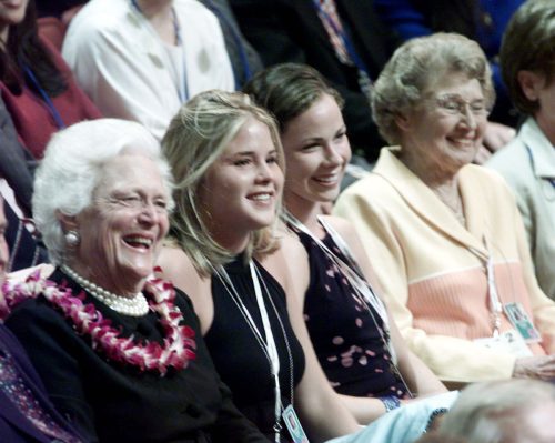 Barbara Bush, sisters Jenna and Barbara Bush, and Jenna Welch at the 2000 Republican National Convention
