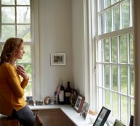 Side view of thoughtful woman looking through window while having coffee in cottage