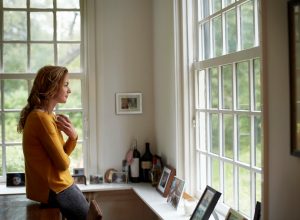 Side view of thoughtful woman looking through window while having coffee in cottage