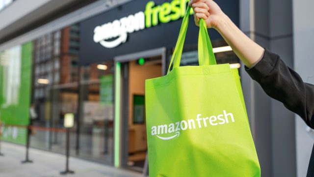 amazon fresh bag in front of store