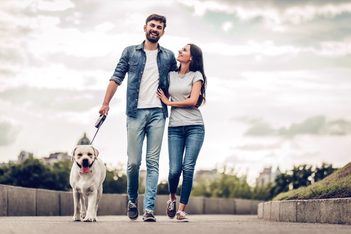 couple walking dog together