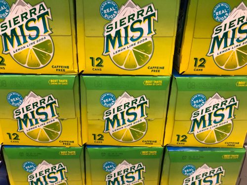 Close up of a stack of Sierra Mist soda cases.