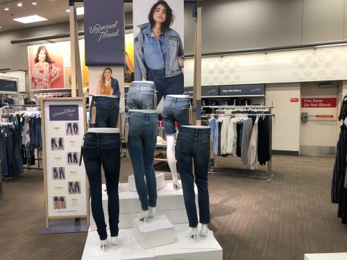 A display of Universal Thread denim at a Target store