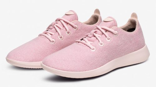 A pale pink pair of Allbirds Wool Runners sneakers