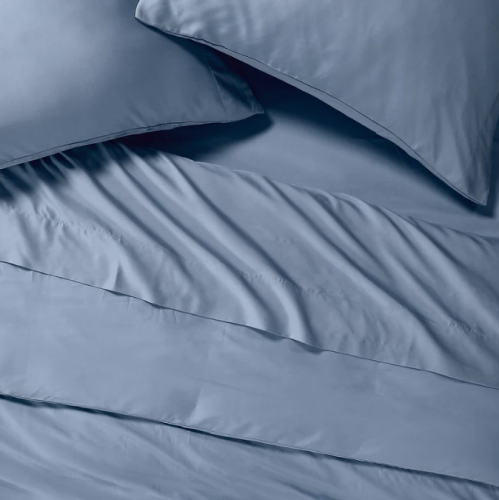 Product image of a close up of Sijo's Eucalyptus Sheet Set in blue