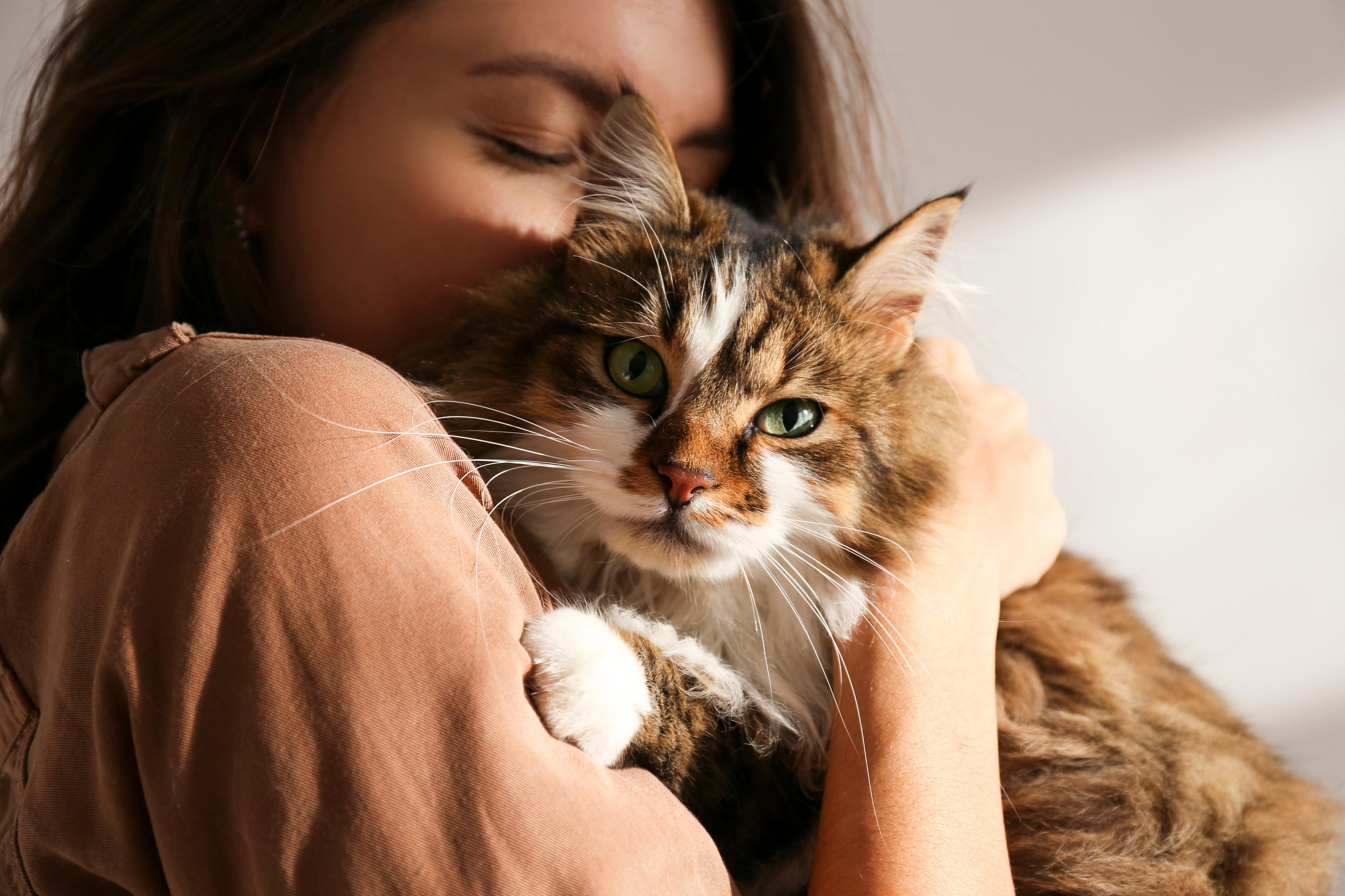 woman hugging cat