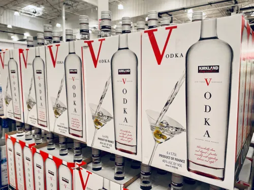 Boxes of Costco's branded Kirkland vodka