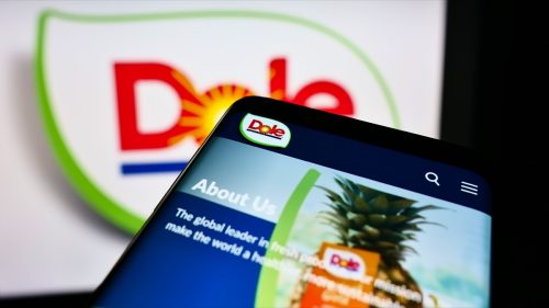 Cellphone with webpage of agriculture business company Dole plc on screen in front of logo. Focus on top-left of phone display. Unmodified photo.