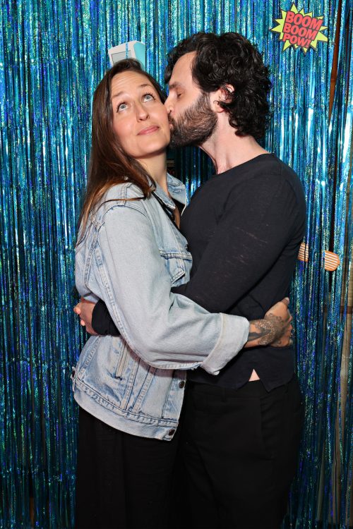 Domino Kirke and Penn Badgley at the launch of "Podcrushed" in 2022