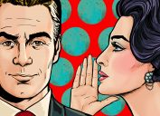 pop art portrait of woman whispering a compliment to a man