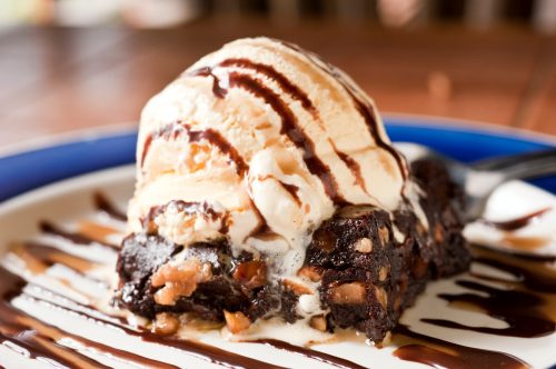 Vanilla Ice Cream and Walnut Brownie close up