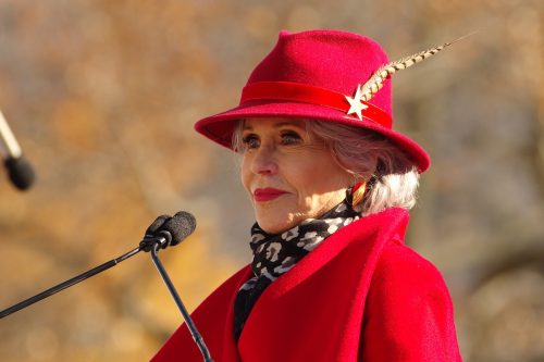 Jane Fonda speaking at Fire Drill Fridays in DC in December 2022