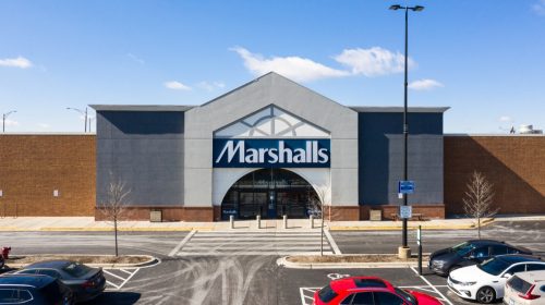 A drone / aerial shot of a Marshall's department store, which is owned by the TJX Companies. The chain has off price products and is linked with TJ Maxx and Homegoods
