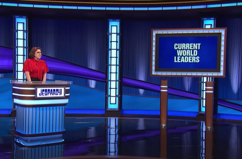 Mayim Bialik hosting "Jeopardy!" in February 2023