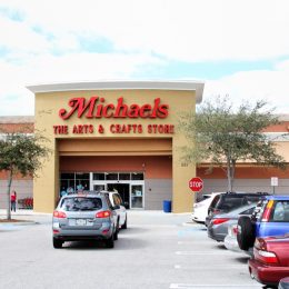 Michaels Arts and Crafts store in West Palm Beach, Florida. Michaels Stores sell a variety of arts and crafts items for hobbyists of all types. The parking lot is filled with cars on a bright sunny Florida day.